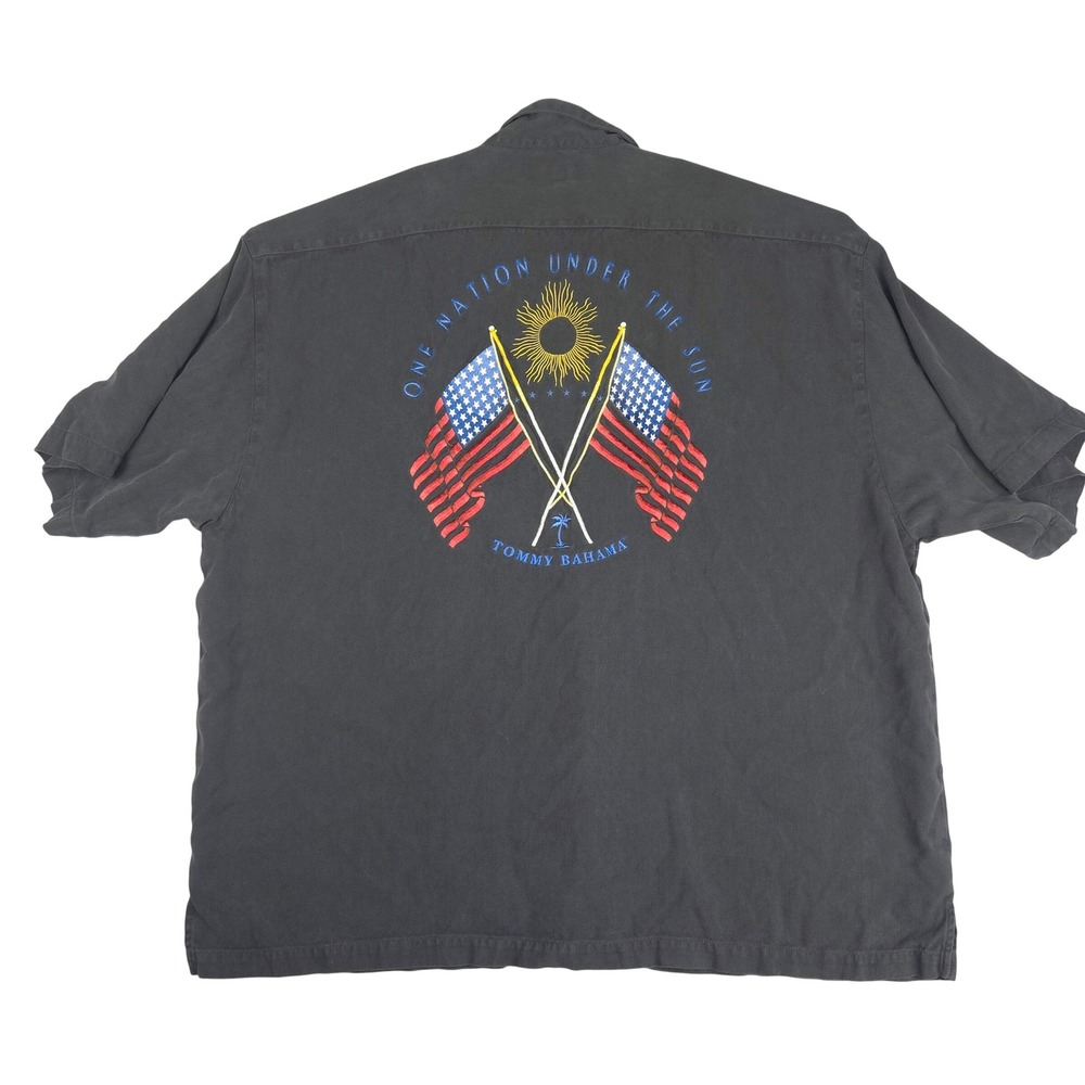 Tommy Bahama Mens XXL Black Silk Shirt One Nation Under The Sun USA Flag 2XL